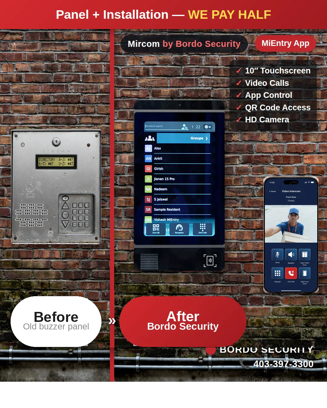 Mircom TX3-T10 video intercom installed in Calgary by Bordo Security — before and after, mobile crop