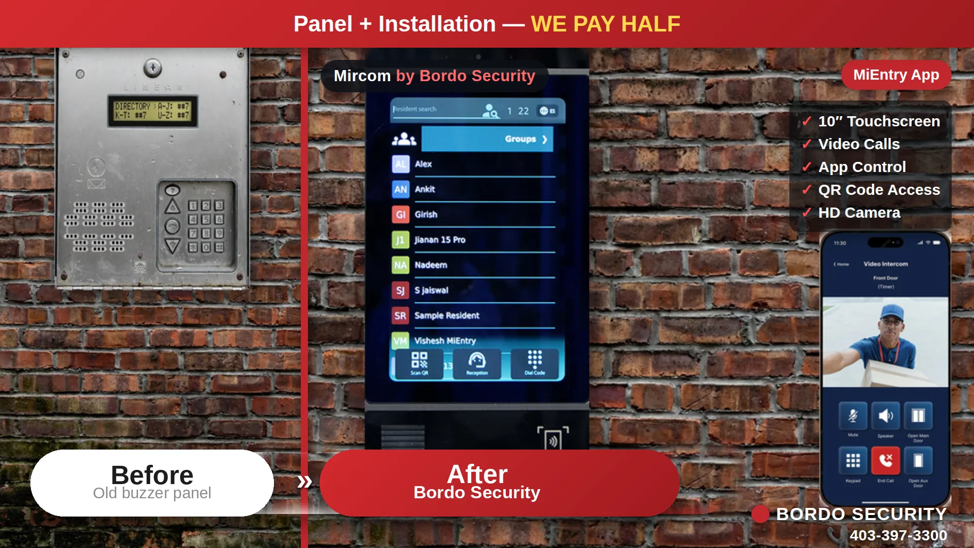 Mircom TX3-T10 video intercom installed in Calgary by Bordo Security — before and after